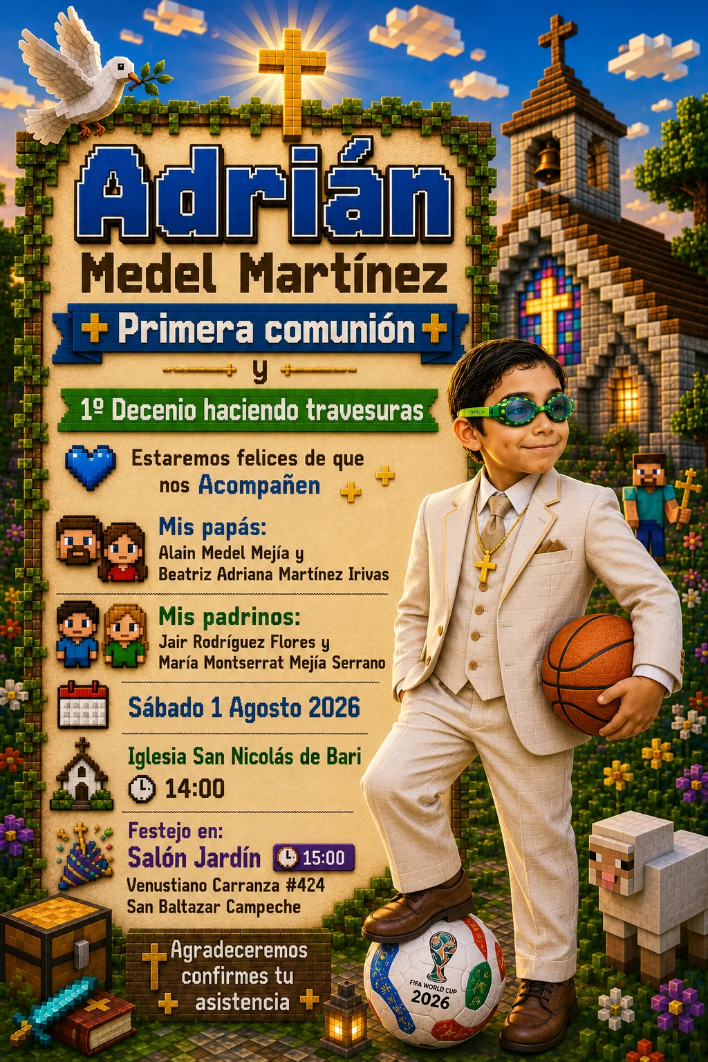 Invitación de la Primera Comunión y cumpleaños de Adrián